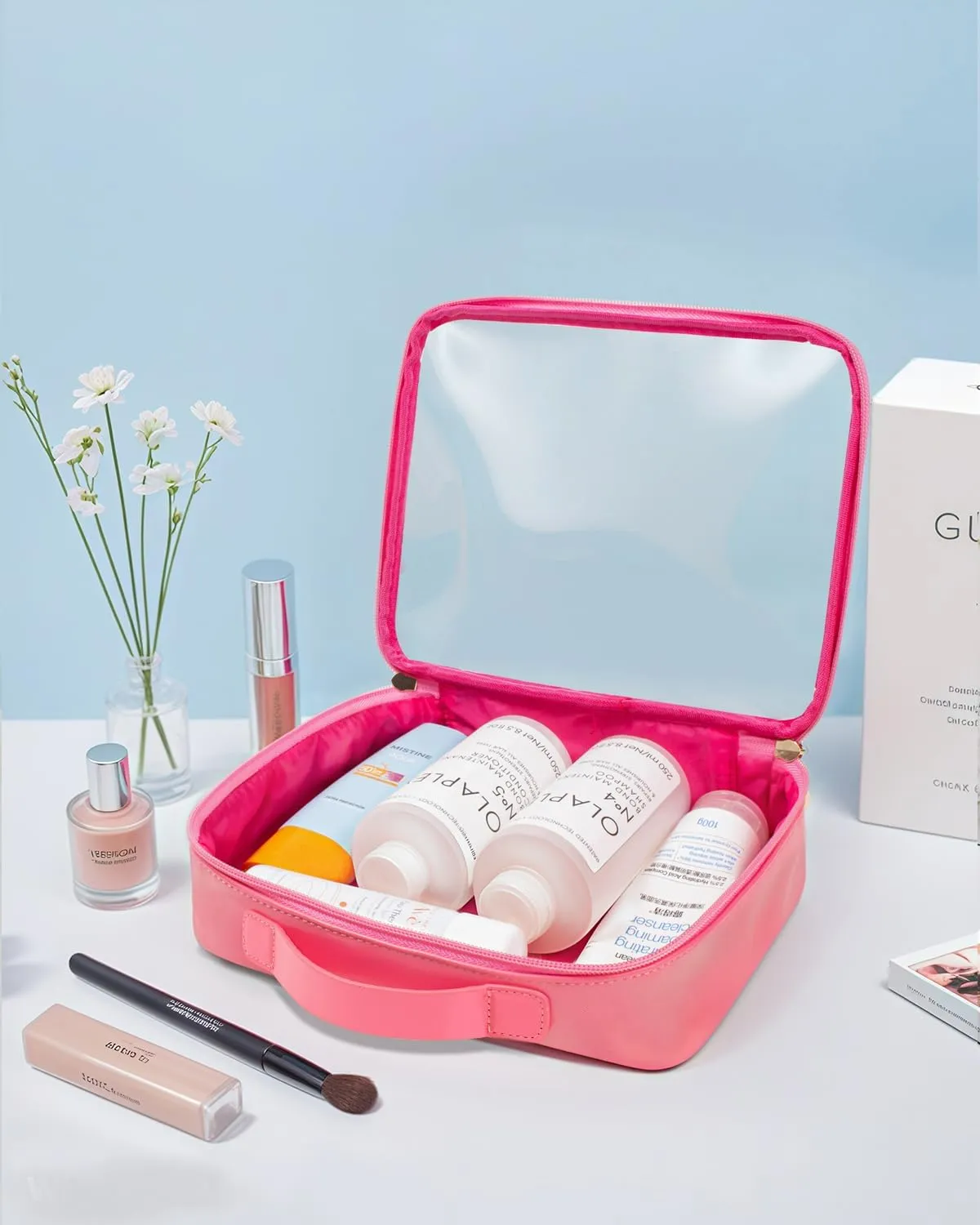 Clear Makeup Bags - Valentines Day Gifts for Her-TSA Approved Toiletry Bag with Handle Large Opening,Clear Toiletry Bags for Traveling Travel Essentials Travel Size Toiletries Accessories(Large Rose)