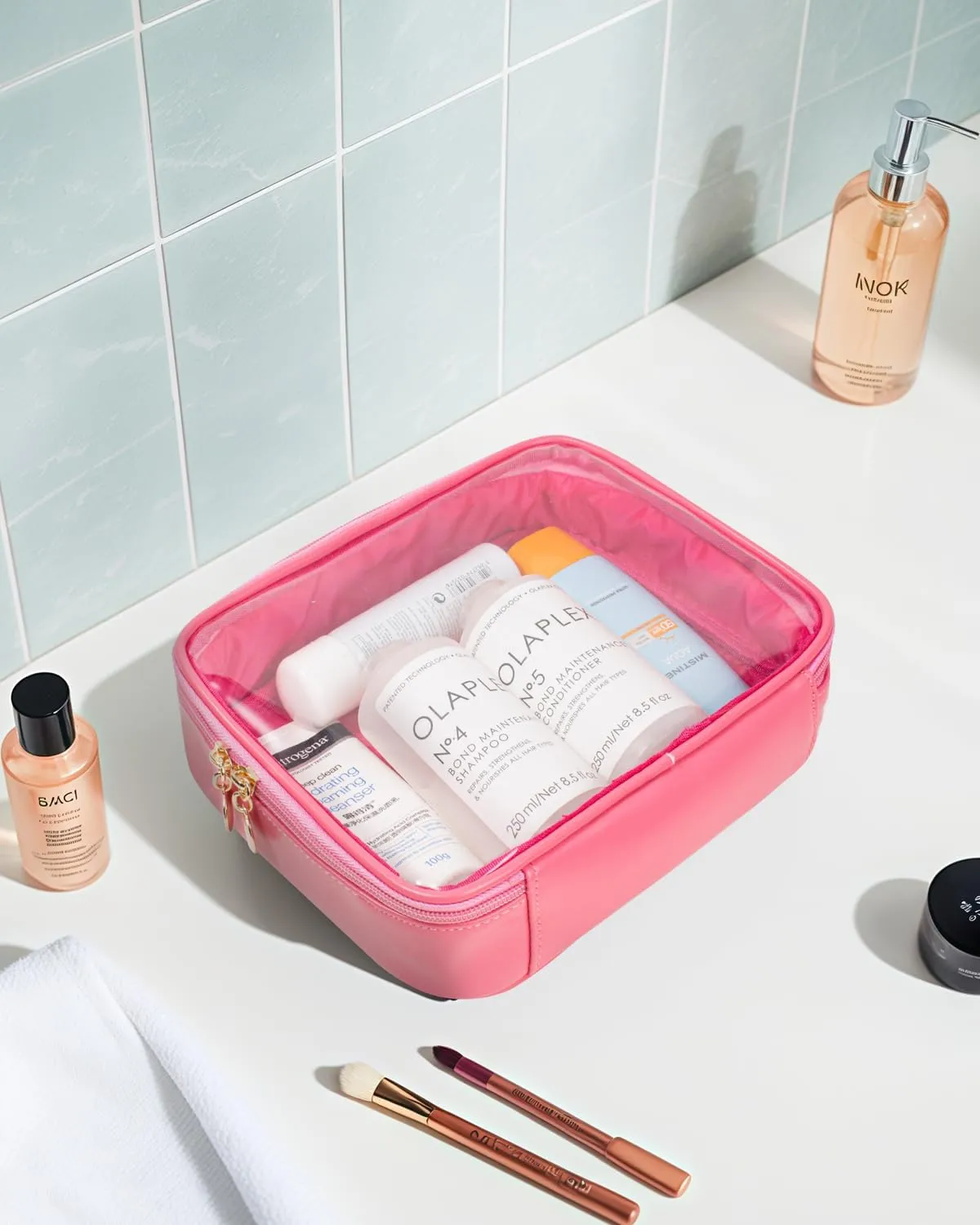 Clear Makeup Bags - Valentines Day Gifts for Her-TSA Approved Toiletry Bag with Handle Large Opening,Clear Toiletry Bags for Traveling Travel Essentials Travel Size Toiletries Accessories(Large Rose)