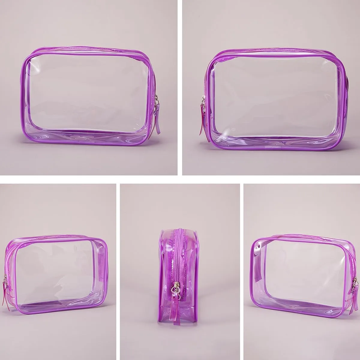 Clear Plastic Violet Zippered Toiletry Carry Pouch TSA Approved Toiletry Bag Portable Cosmetic Makeup Bag for Vacation, Bathroom and Organizing (Violet 3Pcs, Small)