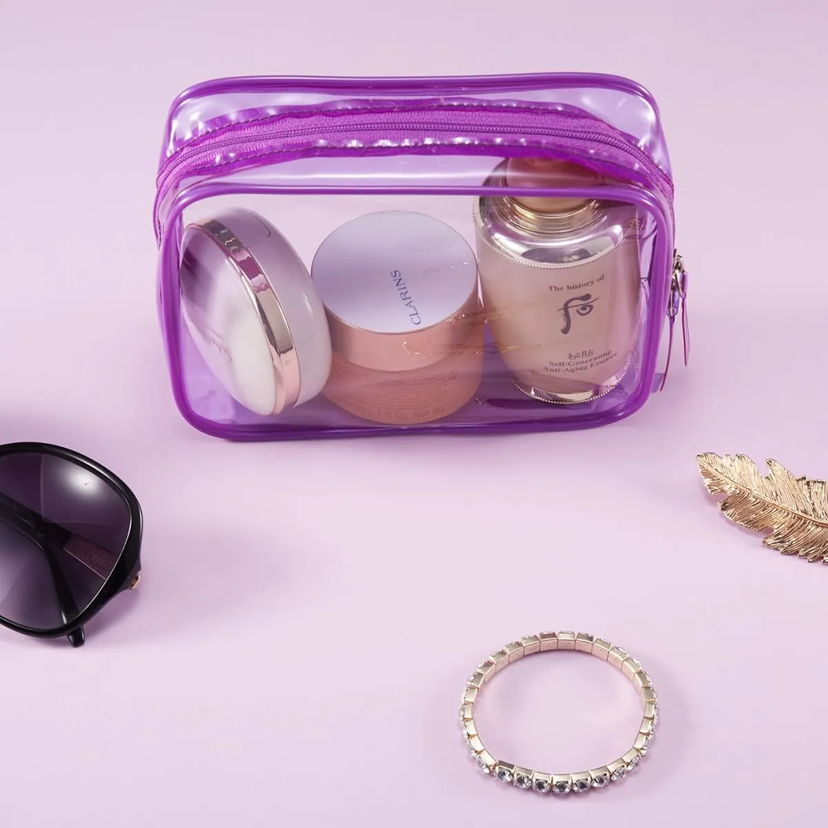 Clear Plastic Violet Zippered Toiletry Carry Pouch TSA Approved Toiletry Bag Portable Cosmetic Makeup Bag for Vacation, Bathroom and Organizing (Violet 3Pcs, Small)
