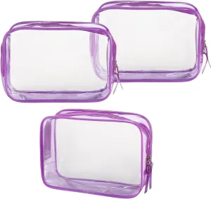 Clear Plastic Violet Zippered Toiletry Carry Pouch TSA Approved Toiletry Bag Portable Cosmetic Makeup Bag for Vacation, Bathroom and Organizing (Violet 3Pcs, Small)
