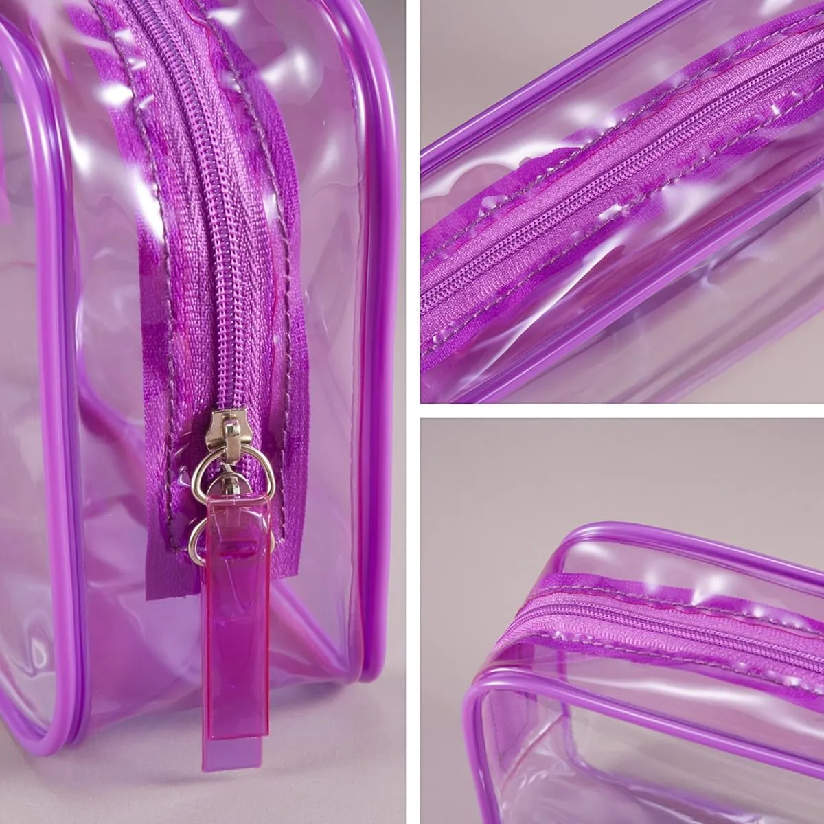 Clear Plastic Violet Zippered Toiletry Carry Pouch TSA Approved Toiletry Bag Portable Cosmetic Makeup Bag for Vacation, Bathroom and Organizing (Violet 3Pcs, Small)