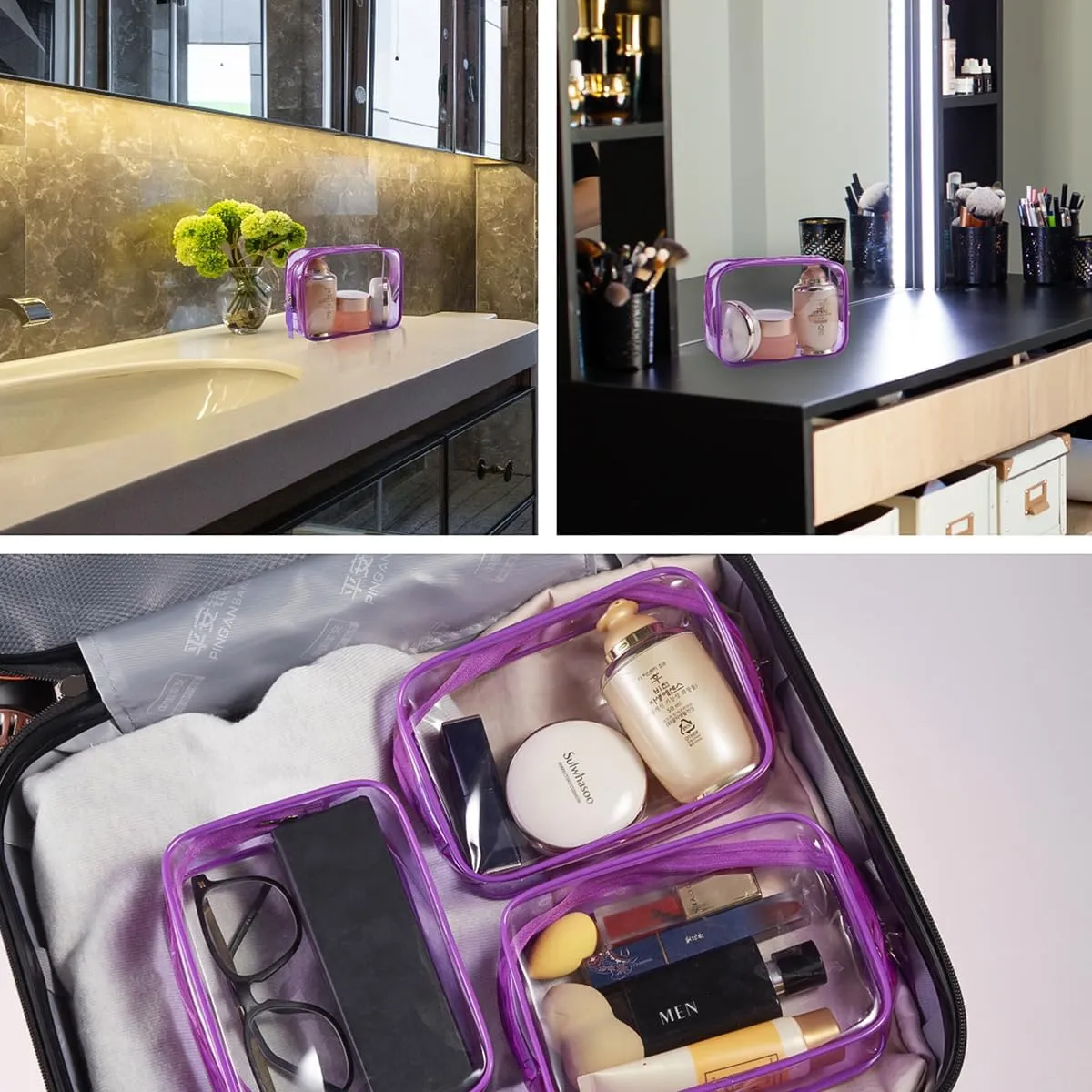 Clear Plastic Violet Zippered Toiletry Carry Pouch TSA Approved Toiletry Bag Portable Cosmetic Makeup Bag for Vacation, Bathroom and Organizing (Violet 3Pcs, Small)