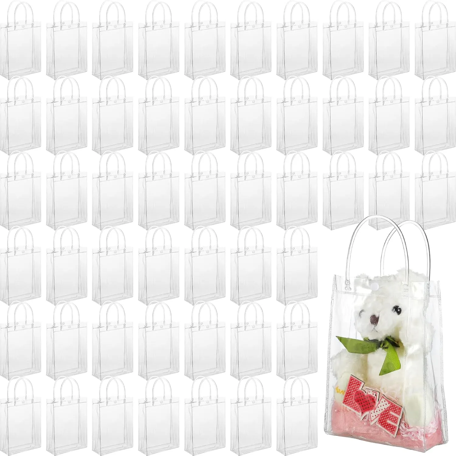 Clear PVC Gift Bags with Handles Reusable Plastic Wrap Tote Transparent Shopping Bags for Christmas Party Favors Weddings Merchandise Retail Small Business, 9 x 6.7 x 2.6 Inches(50 Pieces)