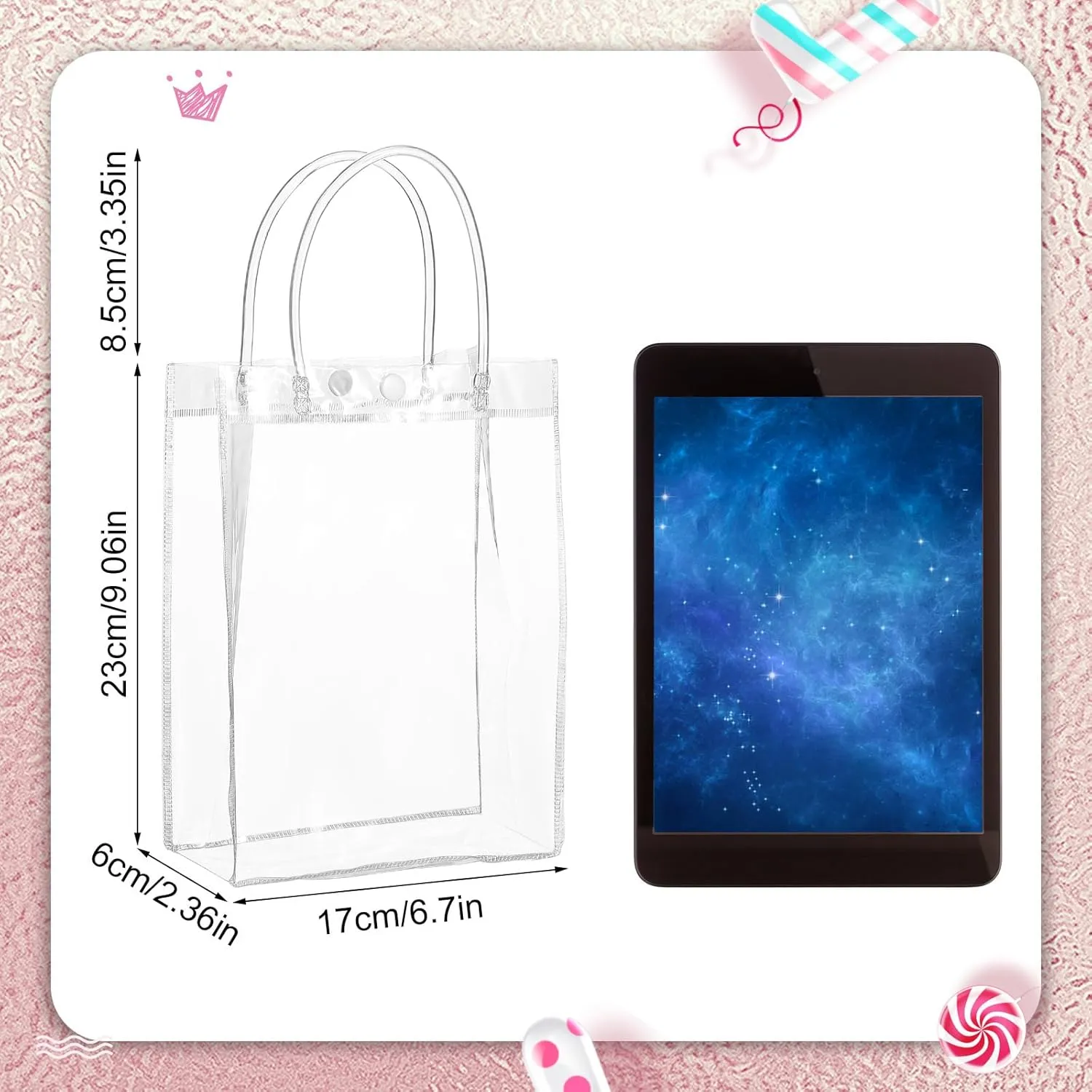 Clear PVC Gift Bags with Handles Reusable Plastic Wrap Tote Transparent Shopping Bags for Christmas Party Favors Weddings Merchandise Retail Small Business, 9 x 6.7 x 2.6 Inches(50 Pieces)