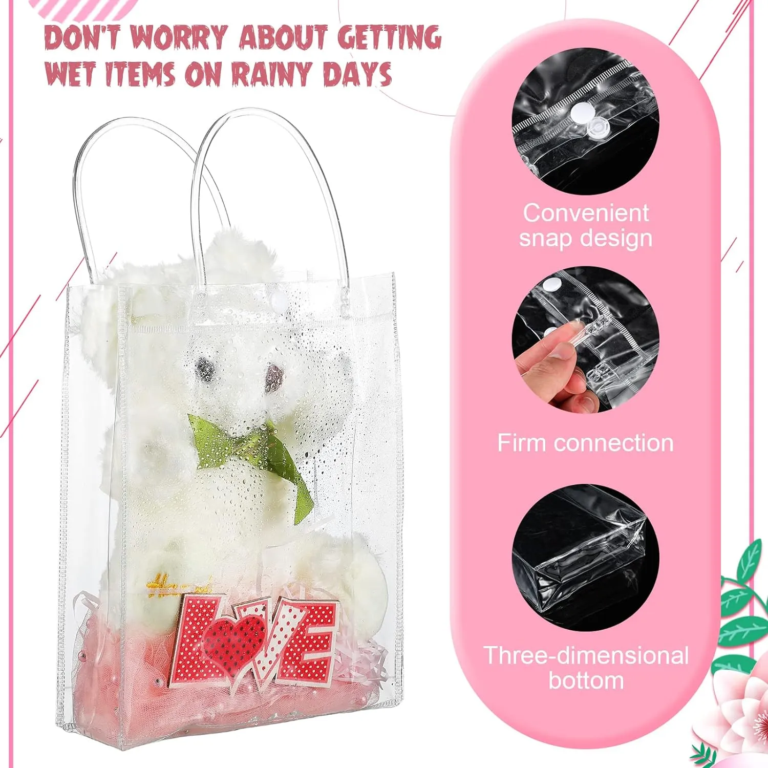 Clear PVC Gift Bags with Handles Reusable Plastic Wrap Tote Transparent Shopping Bags for Christmas Party Favors Weddings Merchandise Retail Small Business, 9 x 6.7 x 2.6 Inches(50 Pieces)