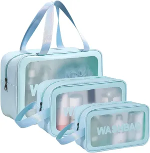 Clear Travel Bags for Toiletries, 3Pcs Portable PVC Waterproof Cosmetic Bags, Transparent Travel Storage Carry Pouch, Toiletry Bags and Cosmetics Organizer for Women Men (A-Blue)