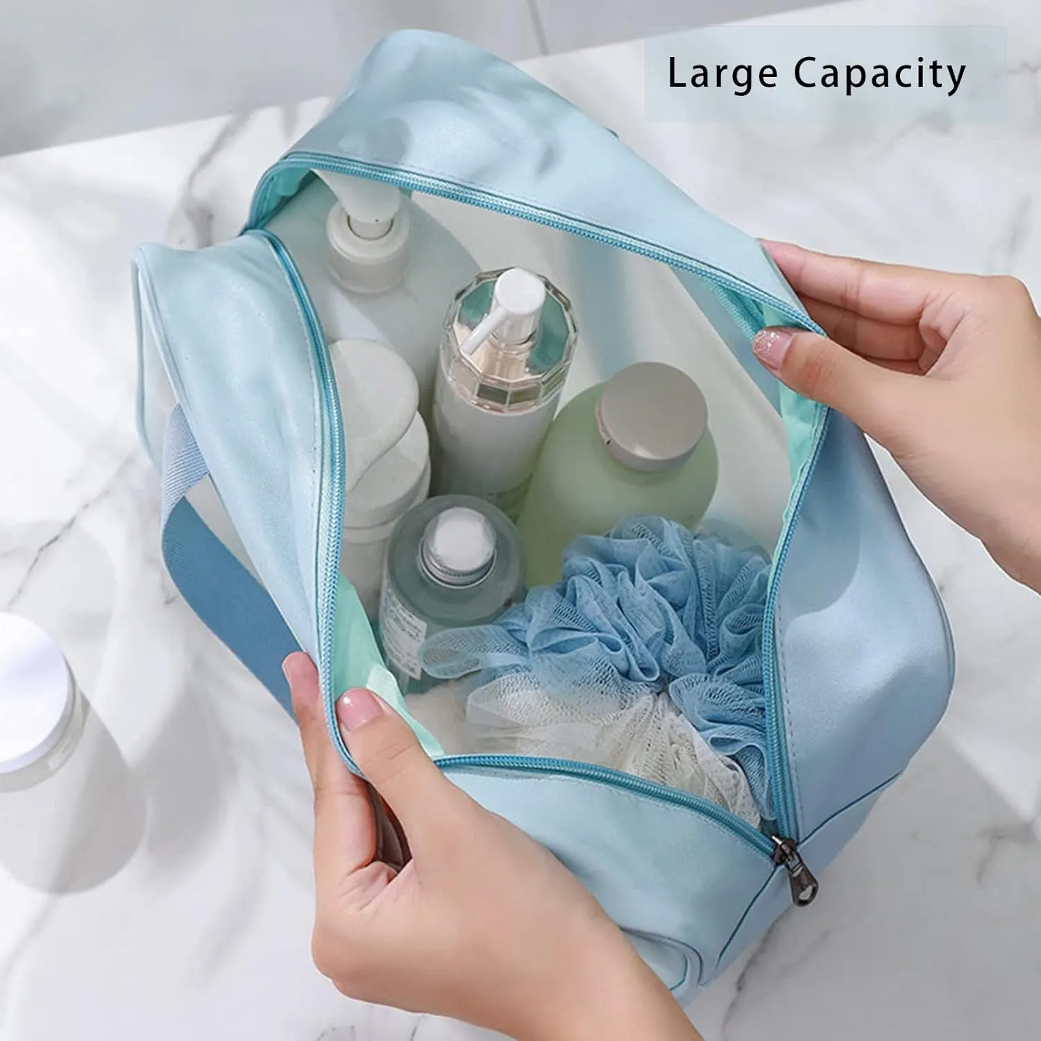 Clear Travel Bags for Toiletries, 3Pcs Portable PVC Waterproof Cosmetic Bags, Transparent Travel Storage Carry Pouch, Toiletry Bags and Cosmetics Organizer for Women Men (A-Blue)