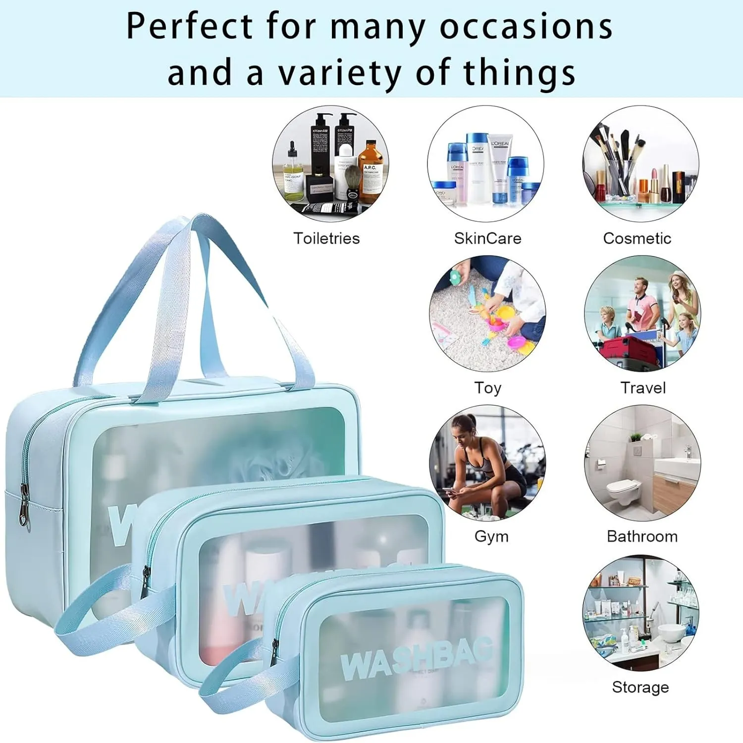 Clear Travel Bags for Toiletries, 3Pcs Portable PVC Waterproof Cosmetic Bags, Transparent Travel Storage Carry Pouch, Toiletry Bags and Cosmetics Organizer for Women Men (A-Blue)