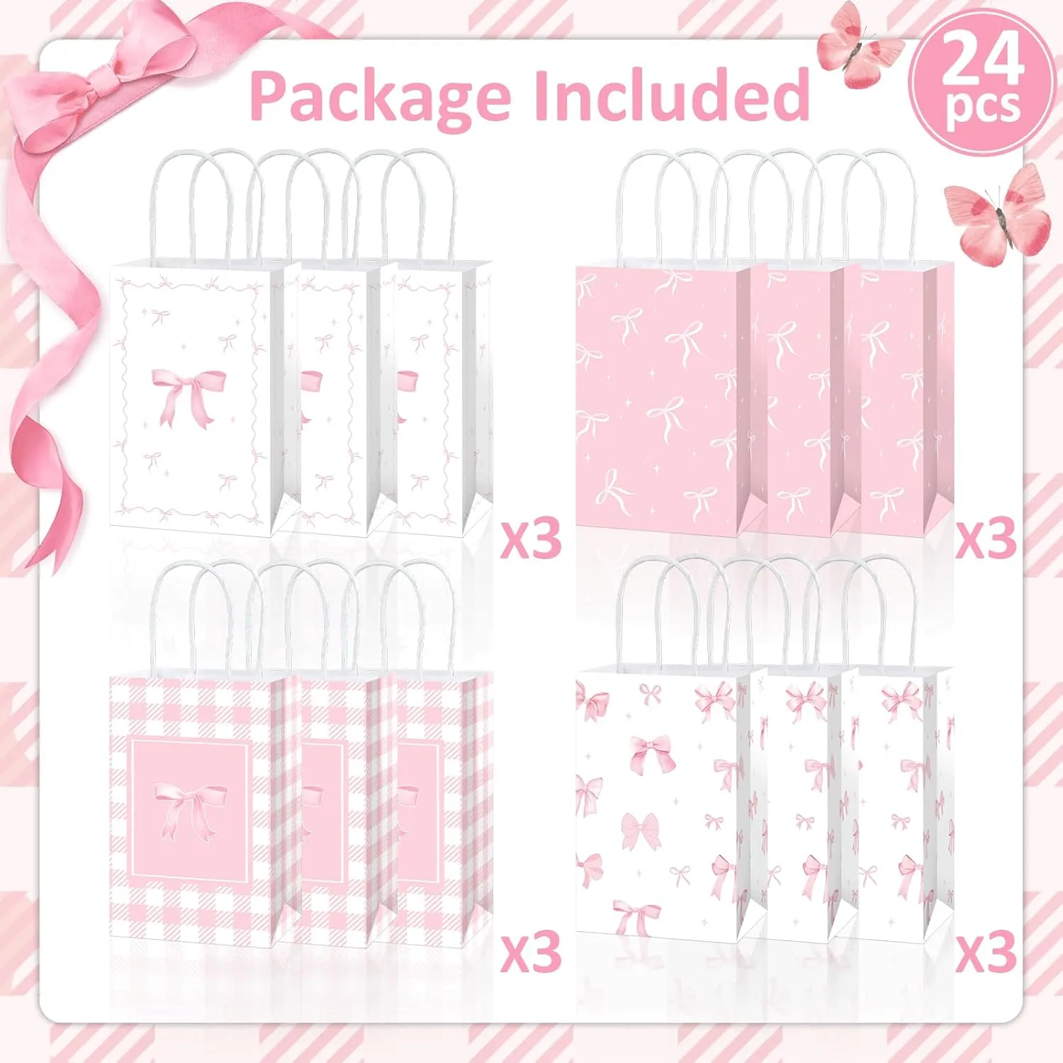 Coquette 24pc Pink Bow Party Favor Bags - Bow Themed Goodie Bags with Handles for Birthday, Bachelorette, Baby Shower Party Supplies