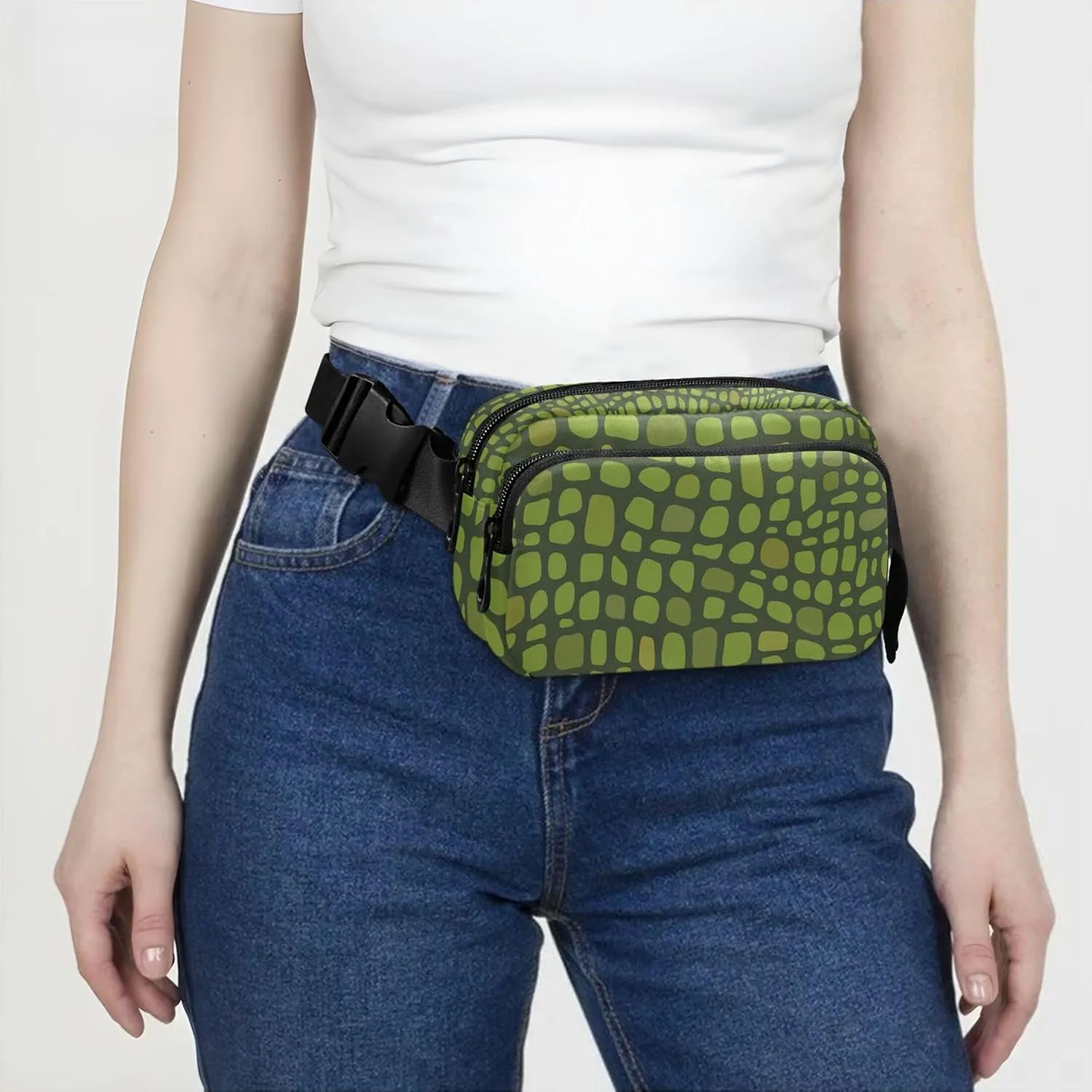 Custom Green Crocodile Skin Alligator Waterproof Women Fanny Pack Hip Bag Belt Purse Funky Travel Waist Pouch