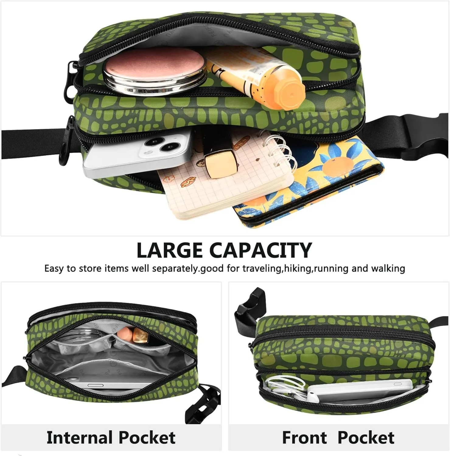 Custom Green Crocodile Skin Alligator Waterproof Women Fanny Pack Hip Bag Belt Purse Funky Travel Waist Pouch