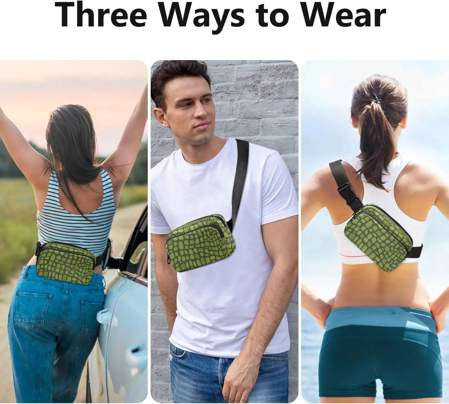 Custom Green Crocodile Skin Alligator Waterproof Women Fanny Pack Hip Bag Belt Purse Funky Travel Waist Pouch