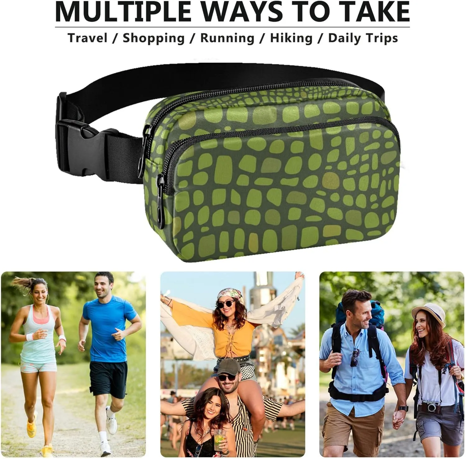 Custom Green Crocodile Skin Alligator Waterproof Women Fanny Pack Hip Bag Belt Purse Funky Travel Waist Pouch