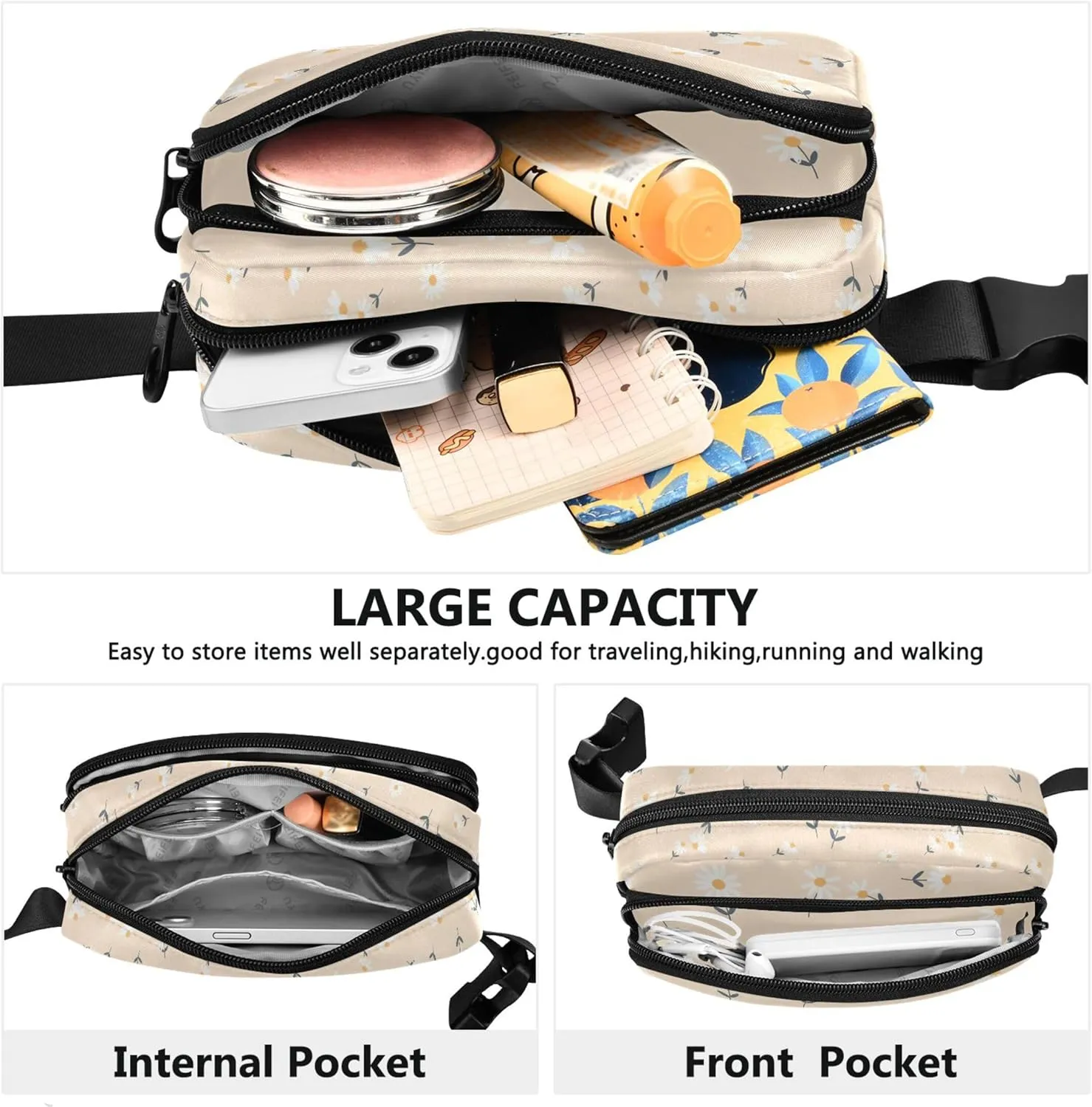 Daisy Flowers Floral Fanny Packs for Women Waterproof Anti Theft Belt Bag Cute Cross Body Waist Purse