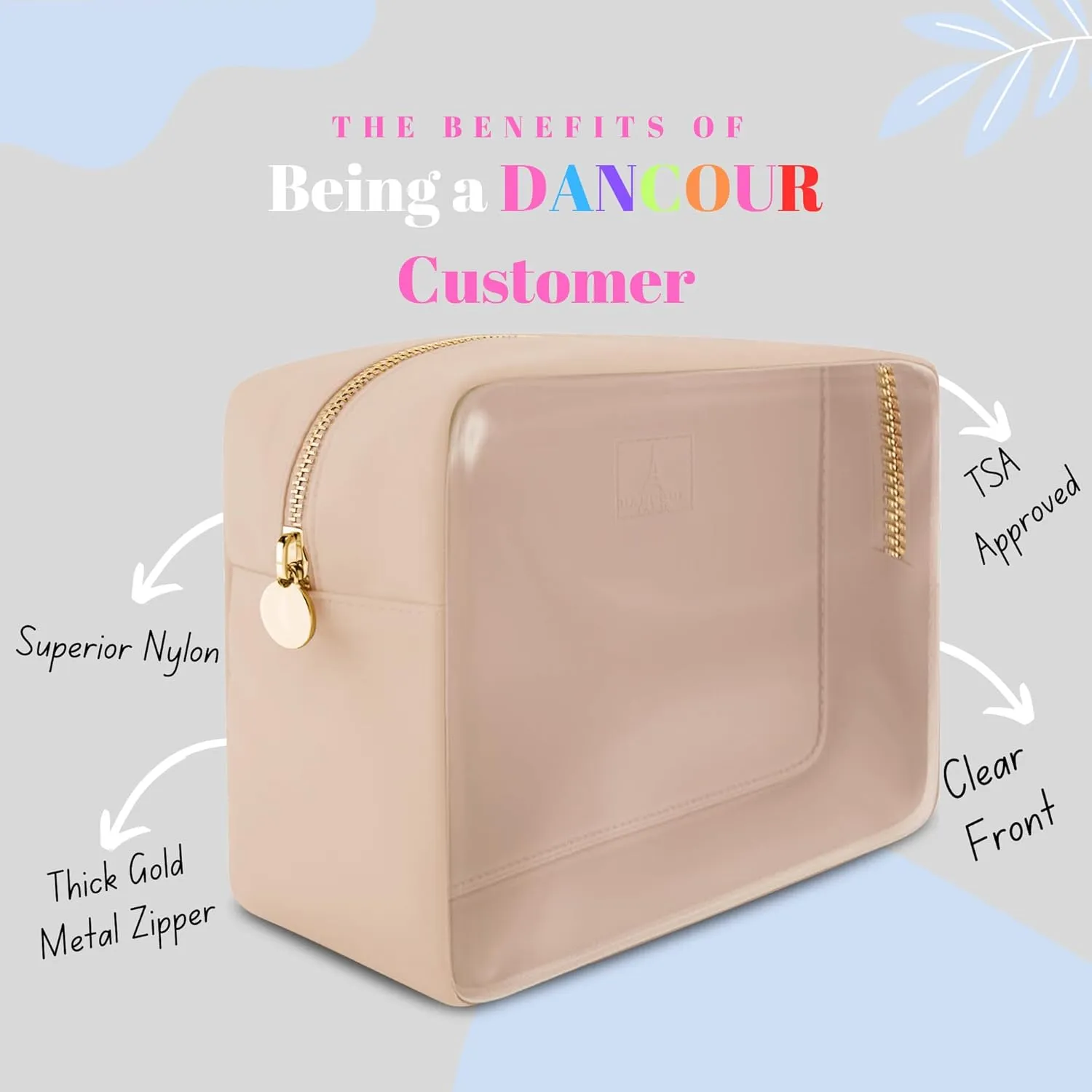 DANCOUR Large Clear Makeup Bag TSA-Approved Travel Cosmetic Pouch Spacious Transparent Toiletry Bag for Women and Girls Waterproof Clear Organizer Case Beige