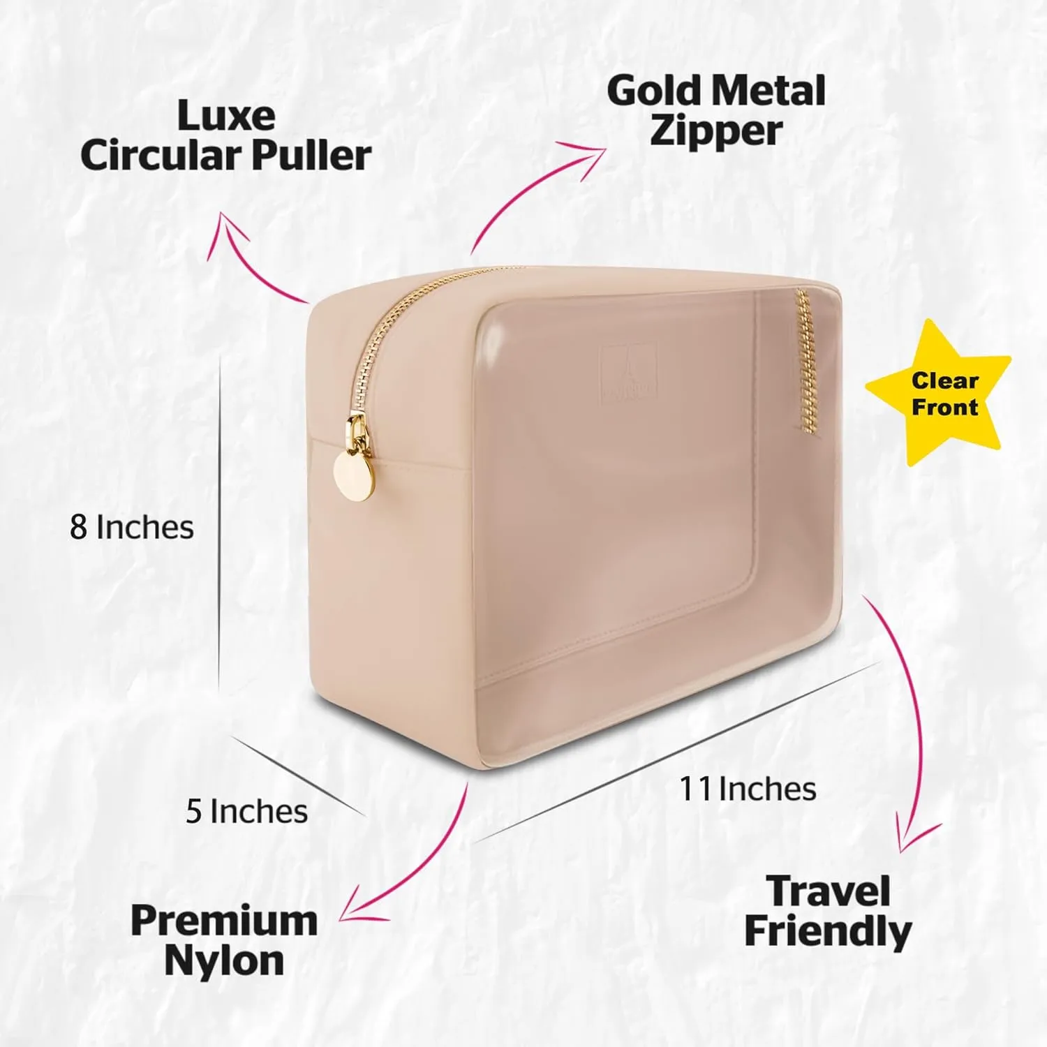 DANCOUR Large Clear Makeup Bag TSA-Approved Travel Cosmetic Pouch Spacious Transparent Toiletry Bag for Women and Girls Waterproof Clear Organizer Case Beige