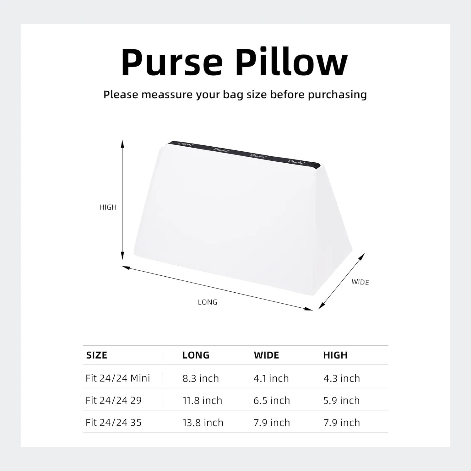 DGAZ Bag Pillow Shaper Insert for Luxury Handbags, Silky Pillow Shaper for Hermes 24/24-mini Bag（White）