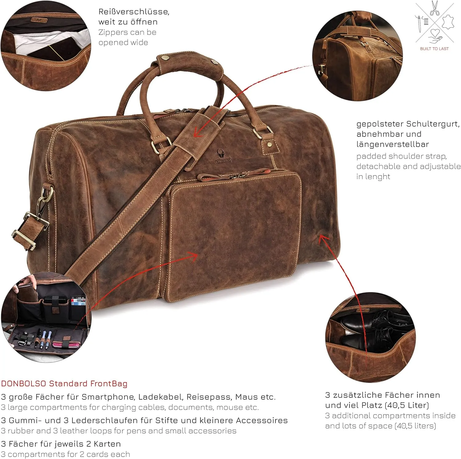 DONBOLSO Weekender Naples I Handcrafted Leather Men's Travel Bag I Genuine Leather Duffle Bag I Carry-on Luggage Overnight Gym I L with 40 Litres I Classic Donbolso Vintage Brown