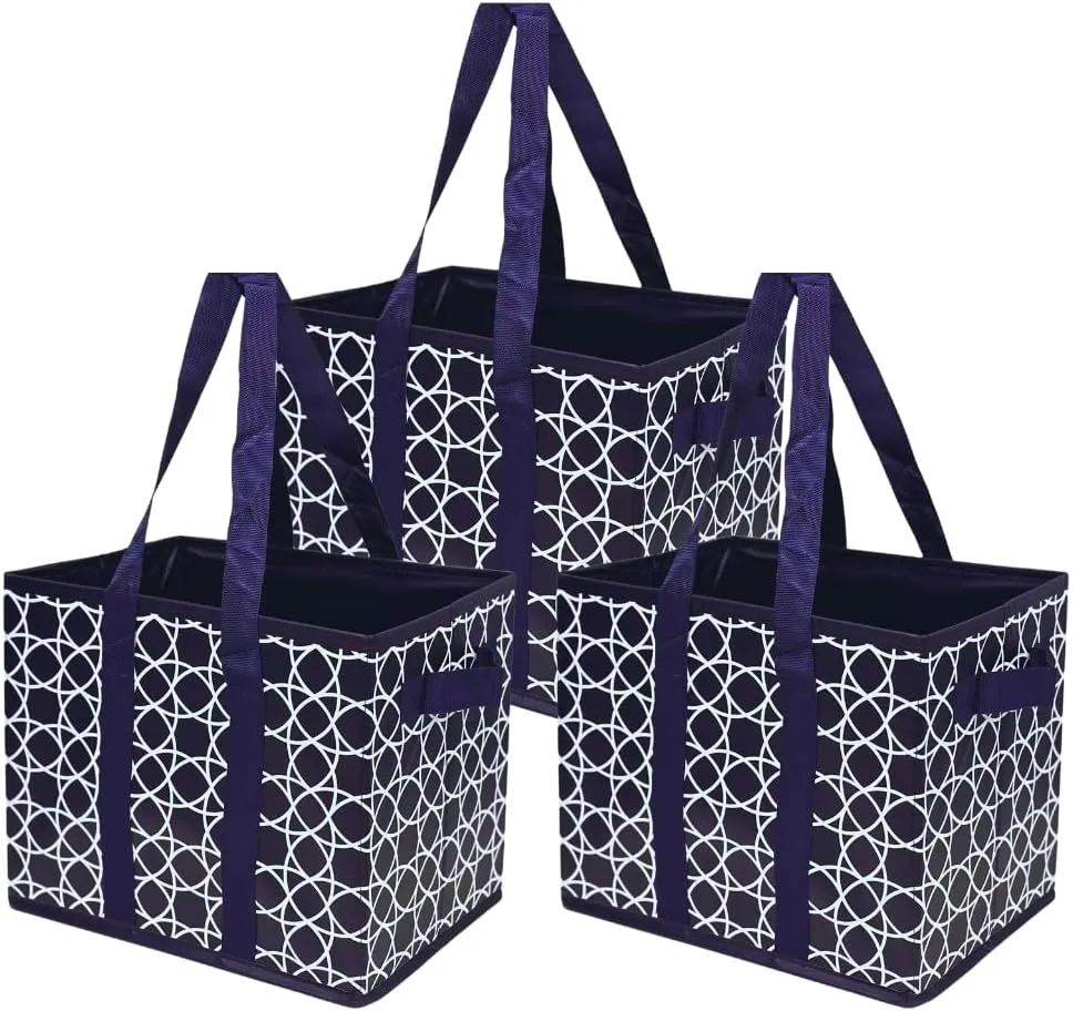 DURASACK Grocery Tote Bag 3-Pack All-Purpose Collapsible Tote Bags with Handles Kitchen Reusable Grocery Bags, Geometric