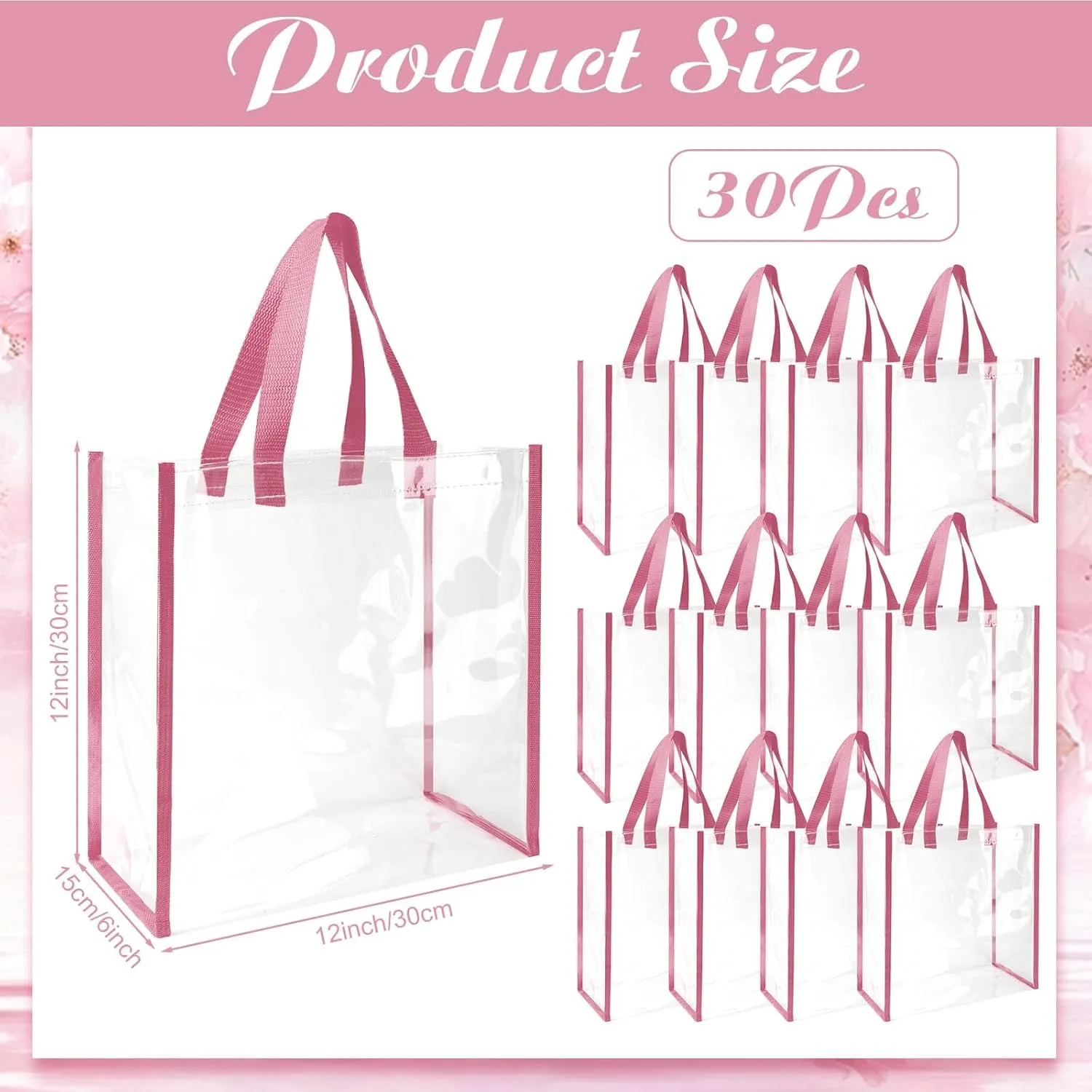 Eccliy 30 Pack 12x12x6 Inch Clear Tote Bag Stadium Approved Bulk Plastic Tote Gift Bag with Handle for Gym Sports Beach