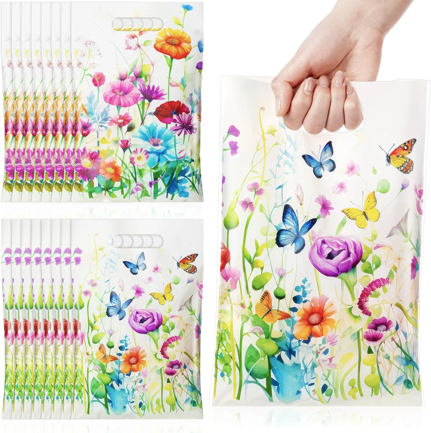 Epakh 100 Pcs Wildflower Gift Bags Bulk Plastic Goody Bags with Handles Wildflower Treat Packing Floral Butterfly Candy Gift Decoration for Baby Shower Spring Summer Floral Birthday Party Supplies