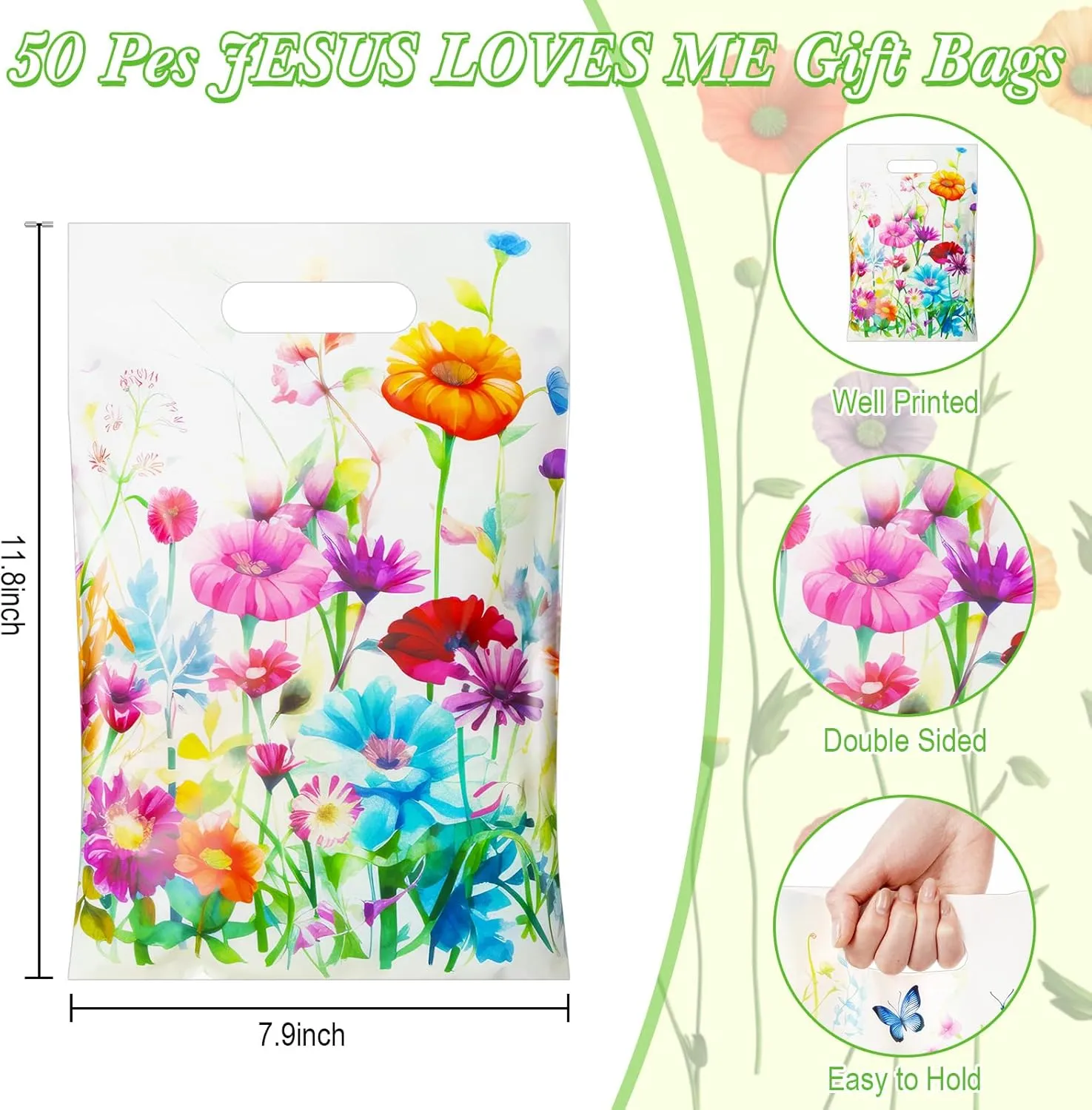 Epakh 100 Pcs Wildflower Gift Bags Bulk Plastic Goody Bags with Handles Wildflower Treat Packing Floral Butterfly Candy Gift Decoration for Baby Shower Spring Summer Floral Birthday Party Supplies