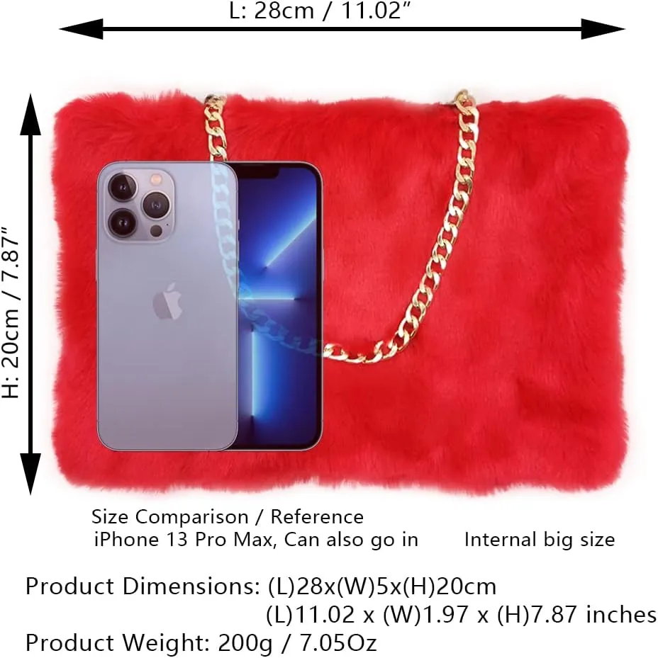 FHQHTH Faux Fox Fur Purse Fuzzy Handbags for Women Evening Handbags Al alloy Shoulder Strap