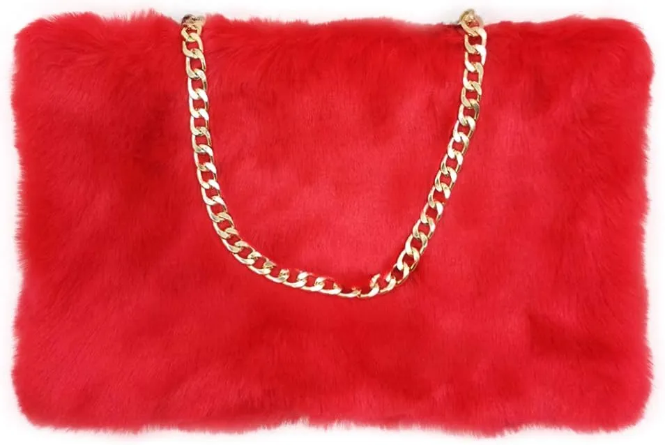 FHQHTH Faux Fox Fur Purse Fuzzy Handbags for Women Evening Handbags Al alloy Shoulder Strap