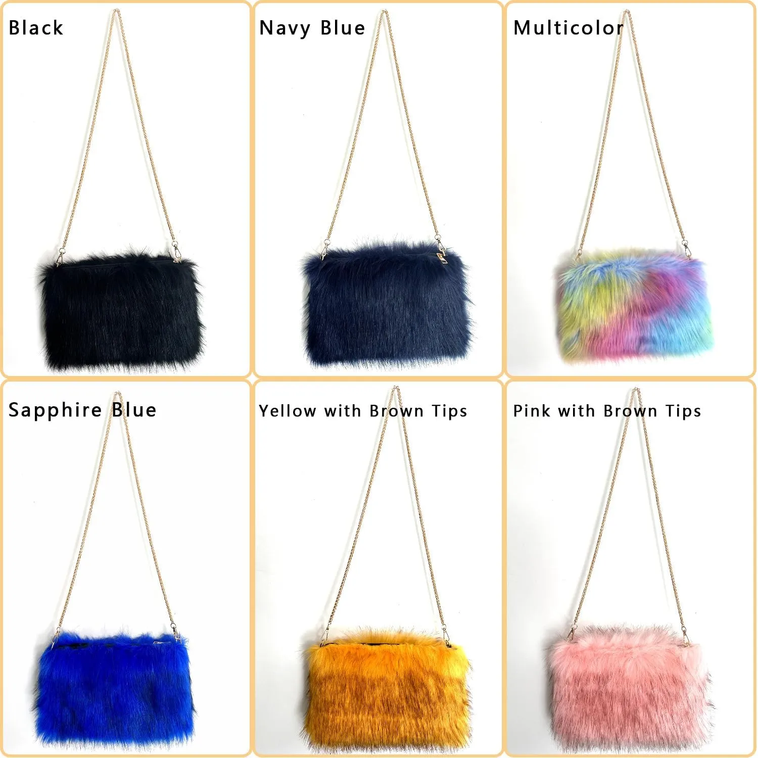 FHQHTH Faux Fox Fur Purse Fuzzy Handbags for Women Evening Handbags Iron Round Chain Strap Shoulder Strap