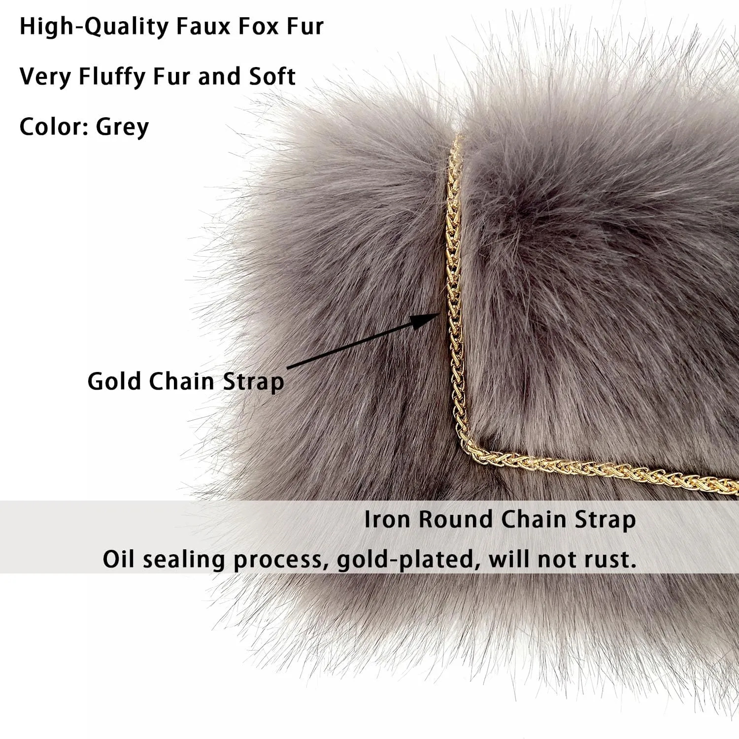 FHQHTH Faux Fox Fur Purse Fuzzy Handbags for Women Evening Handbags Iron Round Chain Strap Shoulder Strap