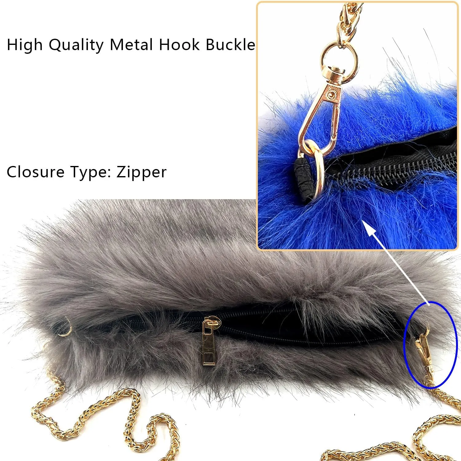 FHQHTH Faux Fox Fur Purse Fuzzy Handbags for Women Evening Handbags Iron Round Chain Strap Shoulder Strap