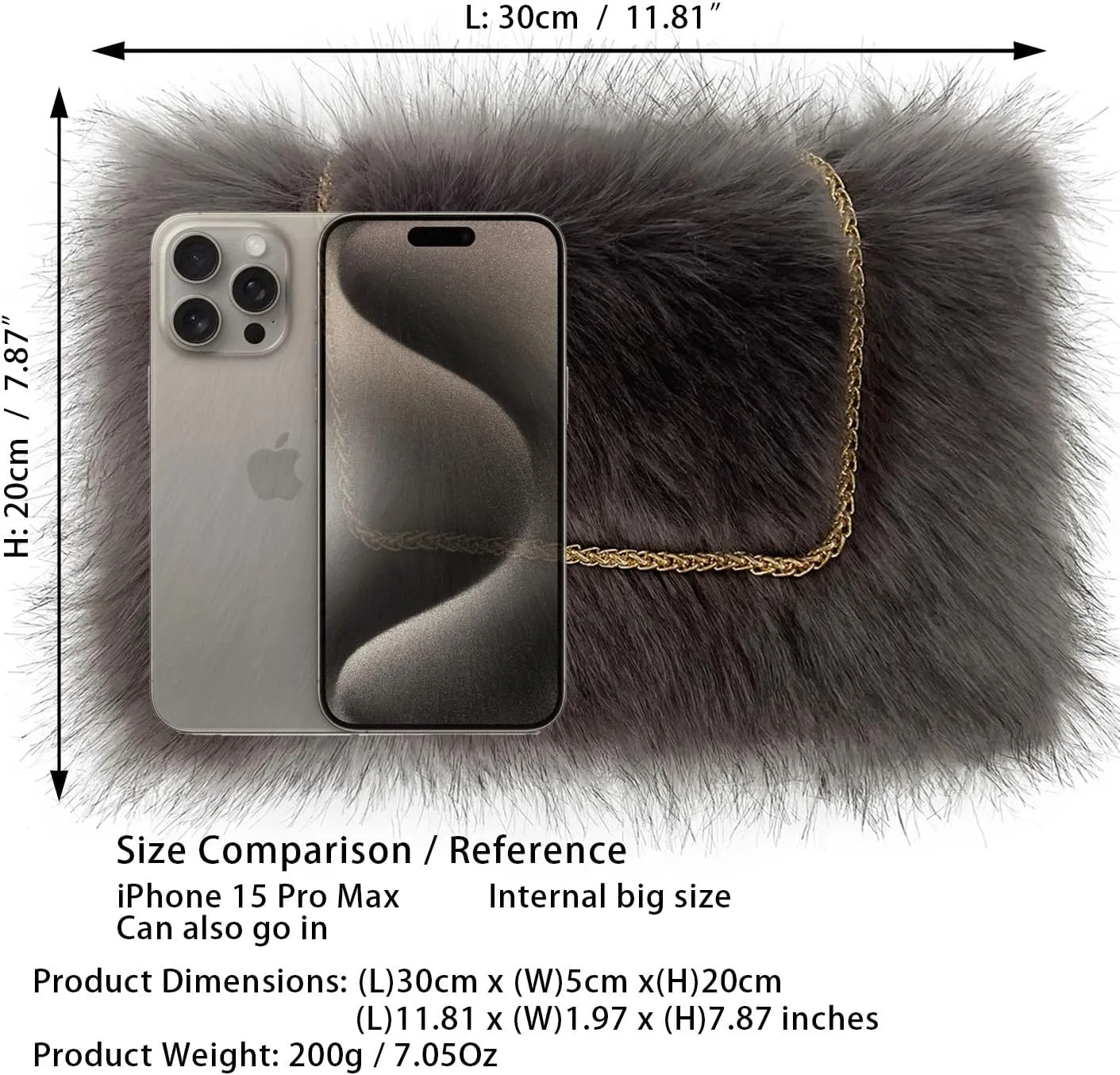 FHQHTH Faux Fox Fur Purse Fuzzy Handbags for Women Evening Handbags Iron Round Chain Strap Shoulder Strap