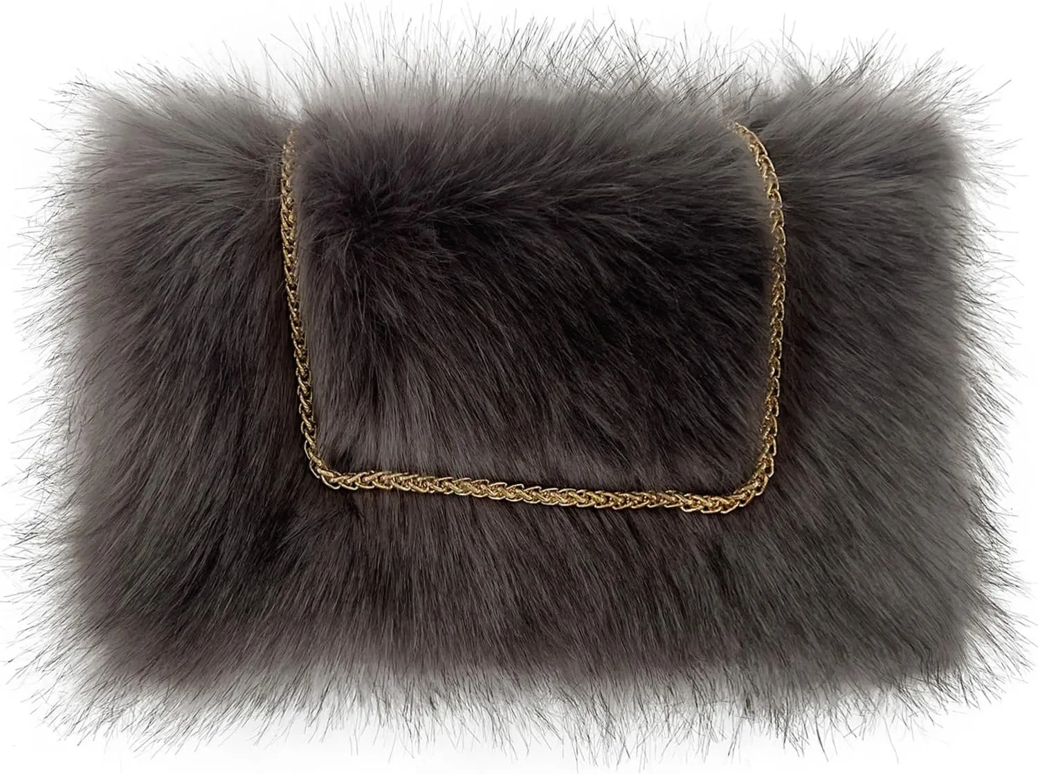 FHQHTH Faux Fox Fur Purse Fuzzy Handbags for Women Evening Handbags Iron Round Chain Strap Shoulder Strap