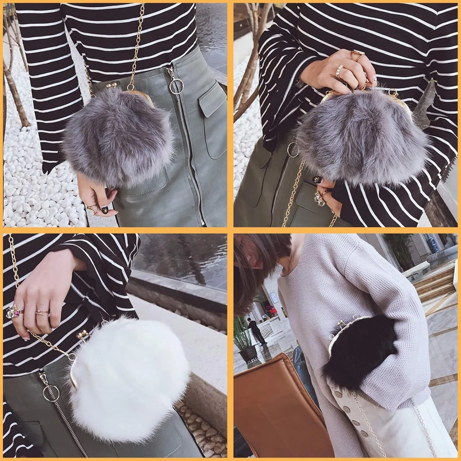 FHQHTH Faux Fur Purse Fashion Clutch Handbag Shoulder Vintage Evening Bags for Women