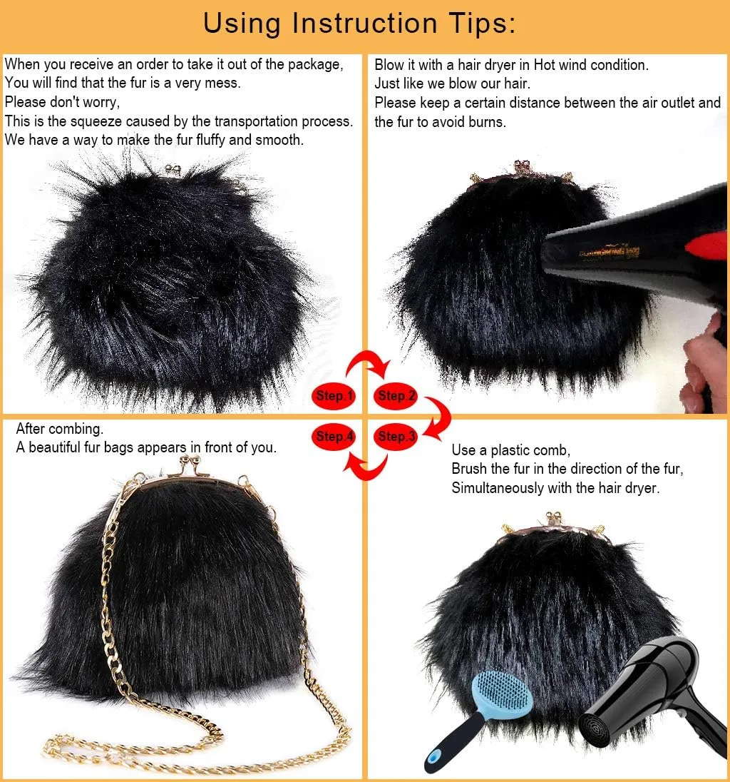 FHQHTH Faux Fur Purse Fashion Clutch Handbag Shoulder Vintage Evening Bags for Women