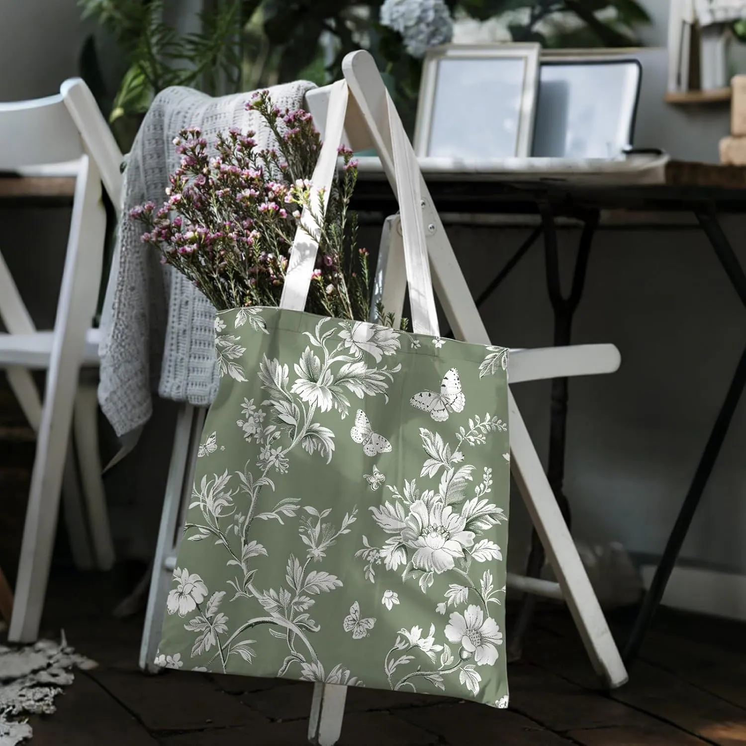 Floral Canvas Tote Bag for Women Chinoiserie Tote Bag Aesthetic Reusable Grocery Bags for Travel Shopping