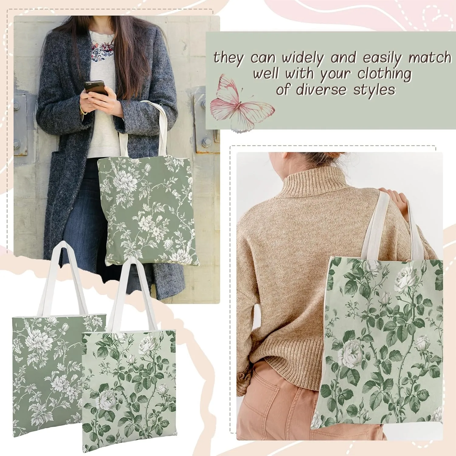 Floral Canvas Tote Bag for Women Chinoiserie Tote Bag Aesthetic Reusable Grocery Bags for Travel Shopping
