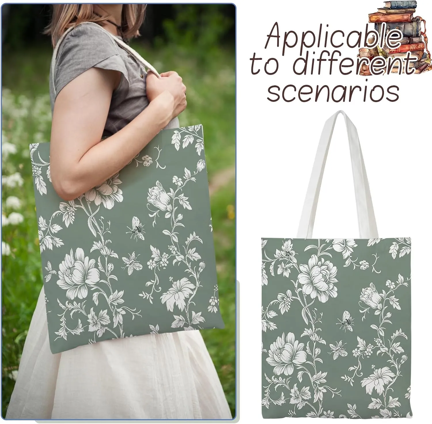 Floral Canvas Tote Bag for Women Chinoiserie Tote Bag Aesthetic Reusable Grocery Bags for Travel Shopping