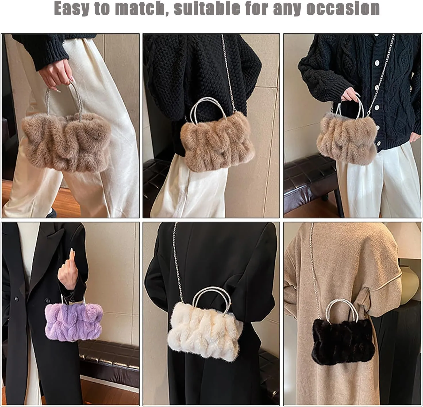 Fluffy Tote Bag Faux Fur Top Handle Crossbody Shoulder Purse, Women Cute Plush Bucket Handbag Evening Clutch with Chain Strap (Green)