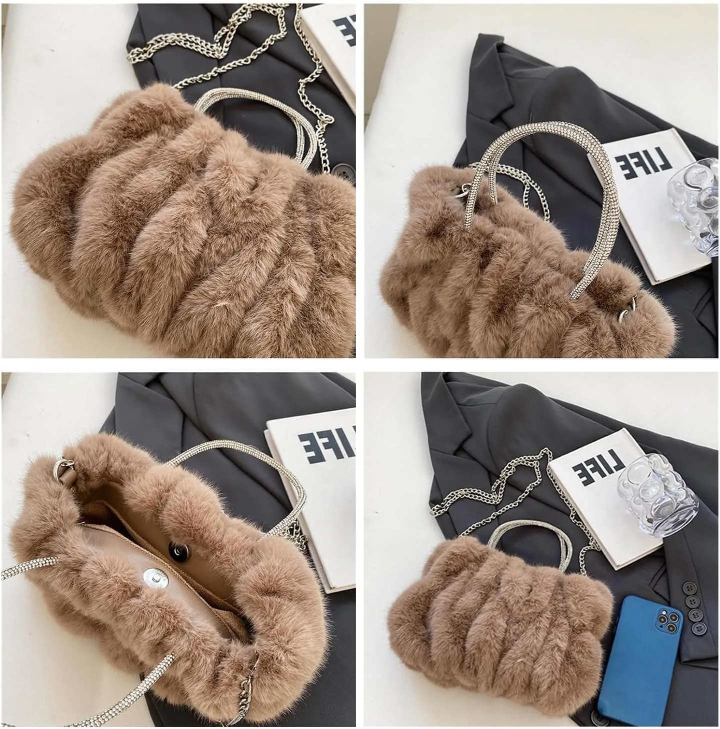 Fluffy Tote Bag Faux Fur Top Handle Crossbody Shoulder Purse, Women Cute Plush Bucket Handbag Evening Clutch with Chain Strap (Green)