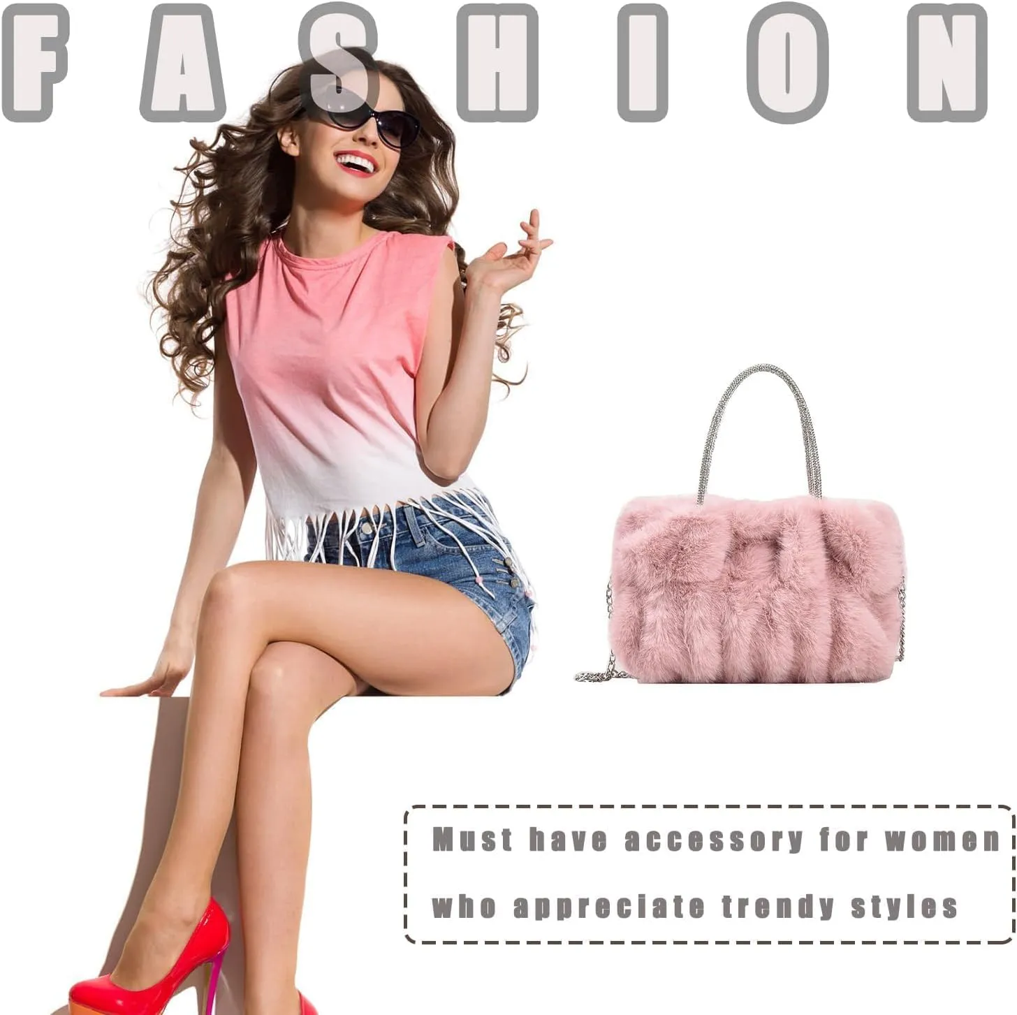 Fluffy Tote Bag Faux Fur Top Handle Crossbody Shoulder Purse, Women Cute Plush Bucket Handbag Evening Clutch with Chain Strap (Green)