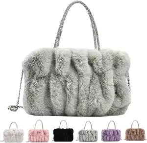 Fluffy Tote Bag Faux Fur Top Handle Crossbody Shoulder Purse, Women Cute Plush Bucket Handbag Evening Clutch with Chain Strap (Green)