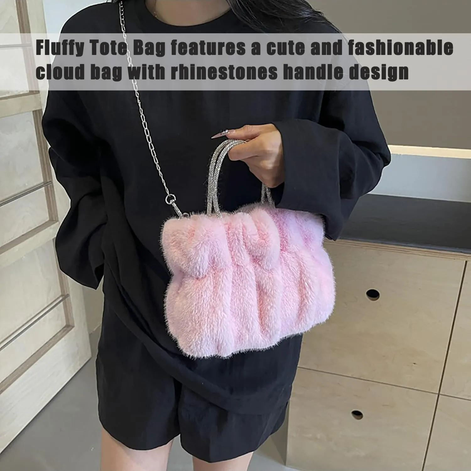 Fluffy Tote Bag Faux Fur Top Handle Crossbody Shoulder Purse, Women Cute Plush Bucket Handbag Evening Clutch with Chain Strap (Green)