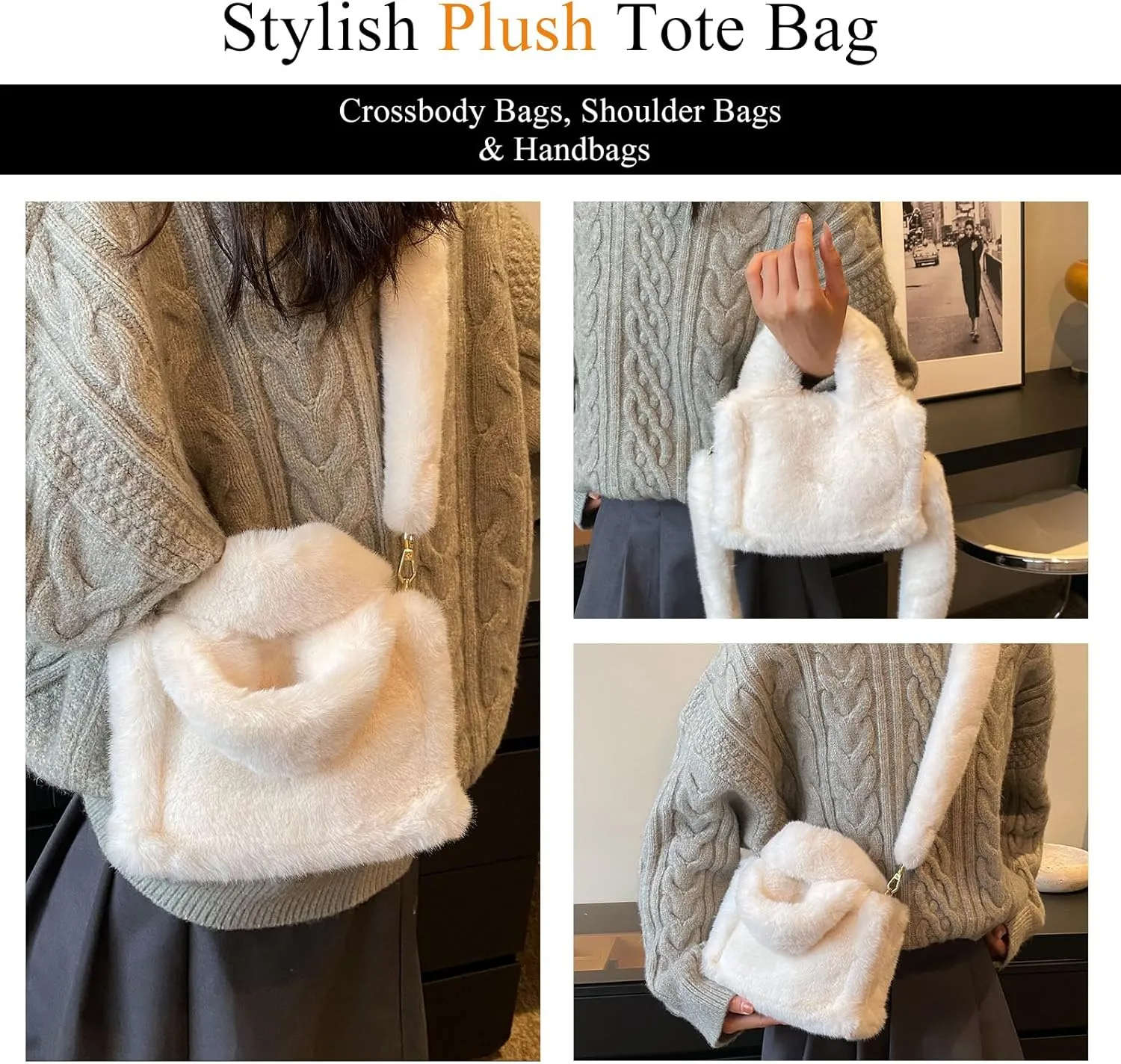 Fluffy Tote Bag Mini Faux Fur Purses for Women Winter Fuzzy Tote Soft Furry Crossbody Handbag Plush Bags
