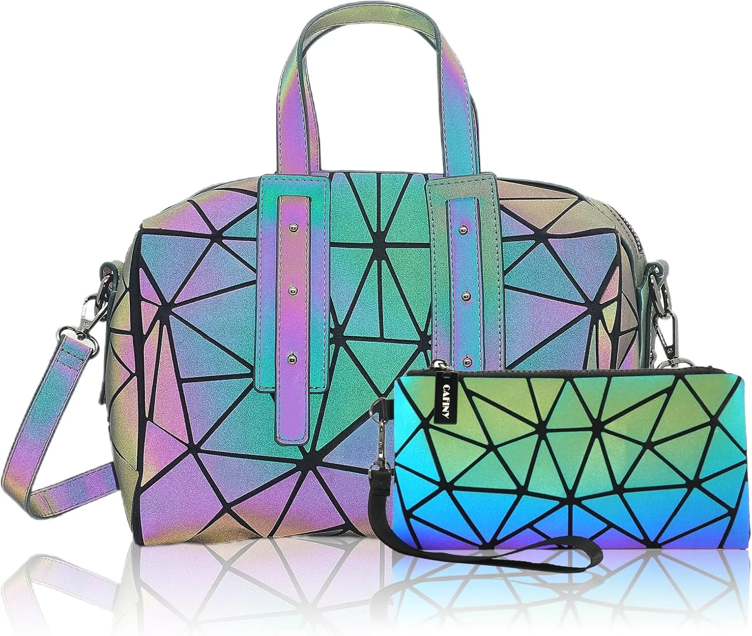 Geometric Boston Handbag for Women Geometric Luminous Purse and crossbody bag Geometric Bags and Holographic shoulder bag Set-B