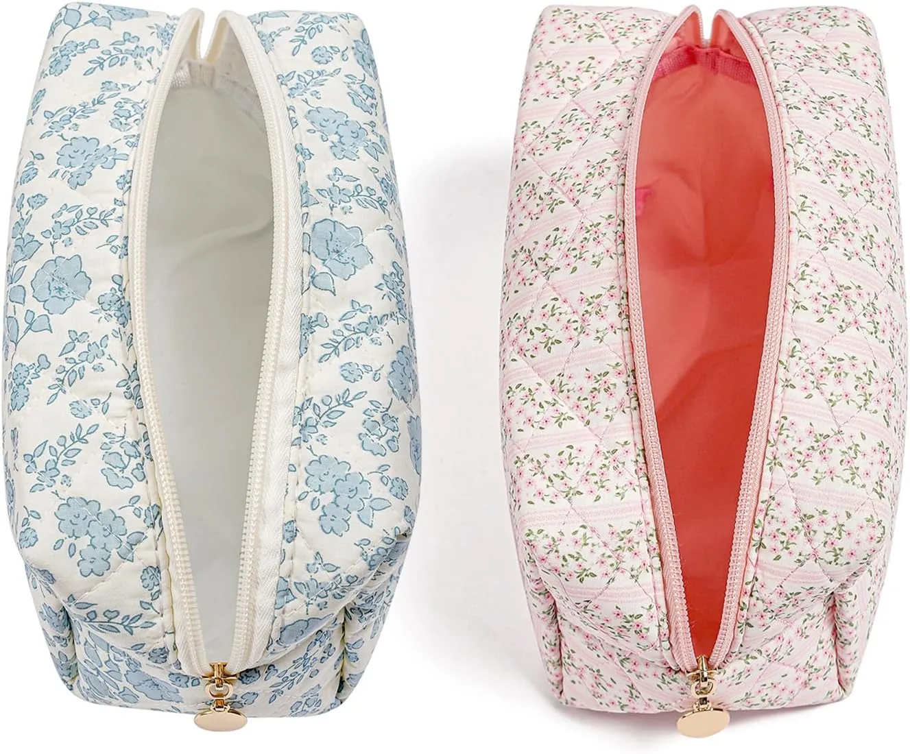 Gleyemor 2 Pieces Quilted Makeup Bag, Cute Floral Cosmetic Bag for Women, Cotton Make Up Bag Set, Flower Travel Toiletry Bag Tote Bag Organizer (Pink Floral  Blue Floral)