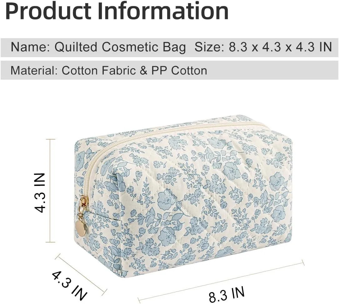 Gleyemor 2 Pieces Quilted Makeup Bag, Cute Floral Cosmetic Bag for Women, Cotton Make Up Bag Set, Flower Travel Toiletry Bag Tote Bag Organizer (Pink Floral  Blue Floral)