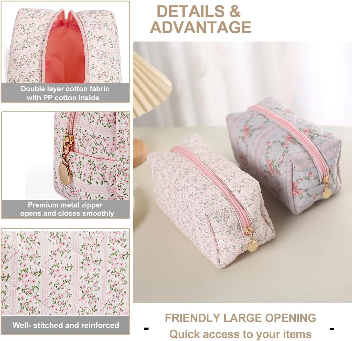 Gleyemor 2 Pieces Quilted Makeup Bag, Cute Floral Cosmetic Bag for Women, Cotton Make Up Bag Set, Flower Travel Toiletry Bag Tote Bag Organizer (Pink Floral  Blue Floral)