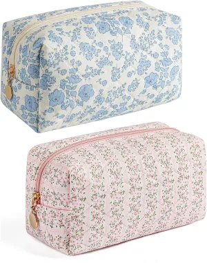 Gleyemor 2 Pieces Quilted Makeup Bag, Cute Floral Cosmetic Bag for Women, Cotton Make Up Bag Set, Flower Travel Toiletry Bag Tote Bag Organizer (Pink Floral  Blue Floral)